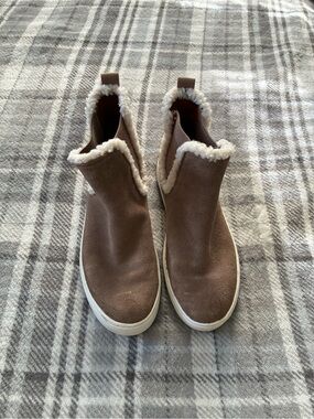 Lucky Brand Taupe Faux-Shearling Ankle Slip-On Booties